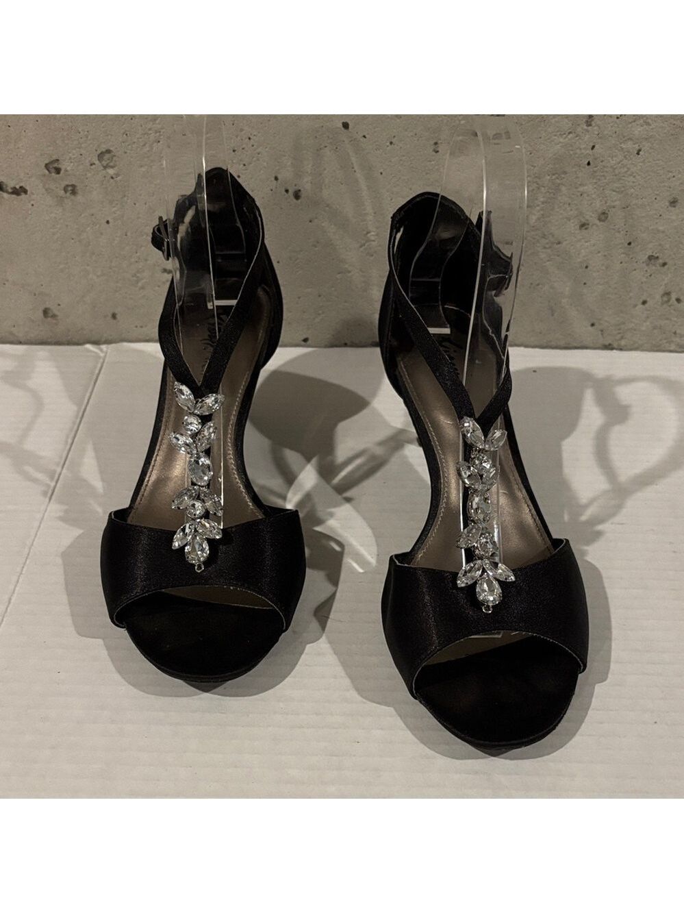 FIONI Night Black Satin Open Toe Evening Pumps with Crystal Embellishment-Sz 8.5